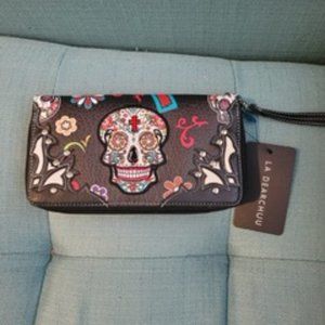 Big black leather wallet with sugar skull